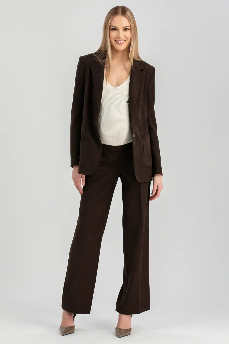 DAMIAN | Pantaloni Premaman Marroni a Gamba Dritta in Velluto con Micro Coste