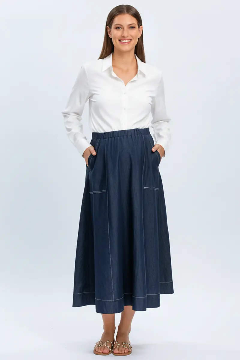 ORTHENSIA | Gonna Premaman Midi con Tasche Colore Blu Denim