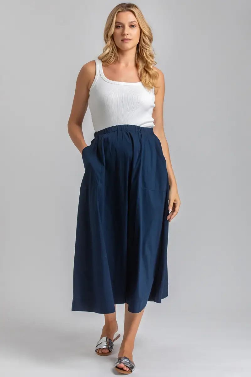 ORTHENSIA | Gonna Premaman Midi in Cotone Blu Scuro con Tasche