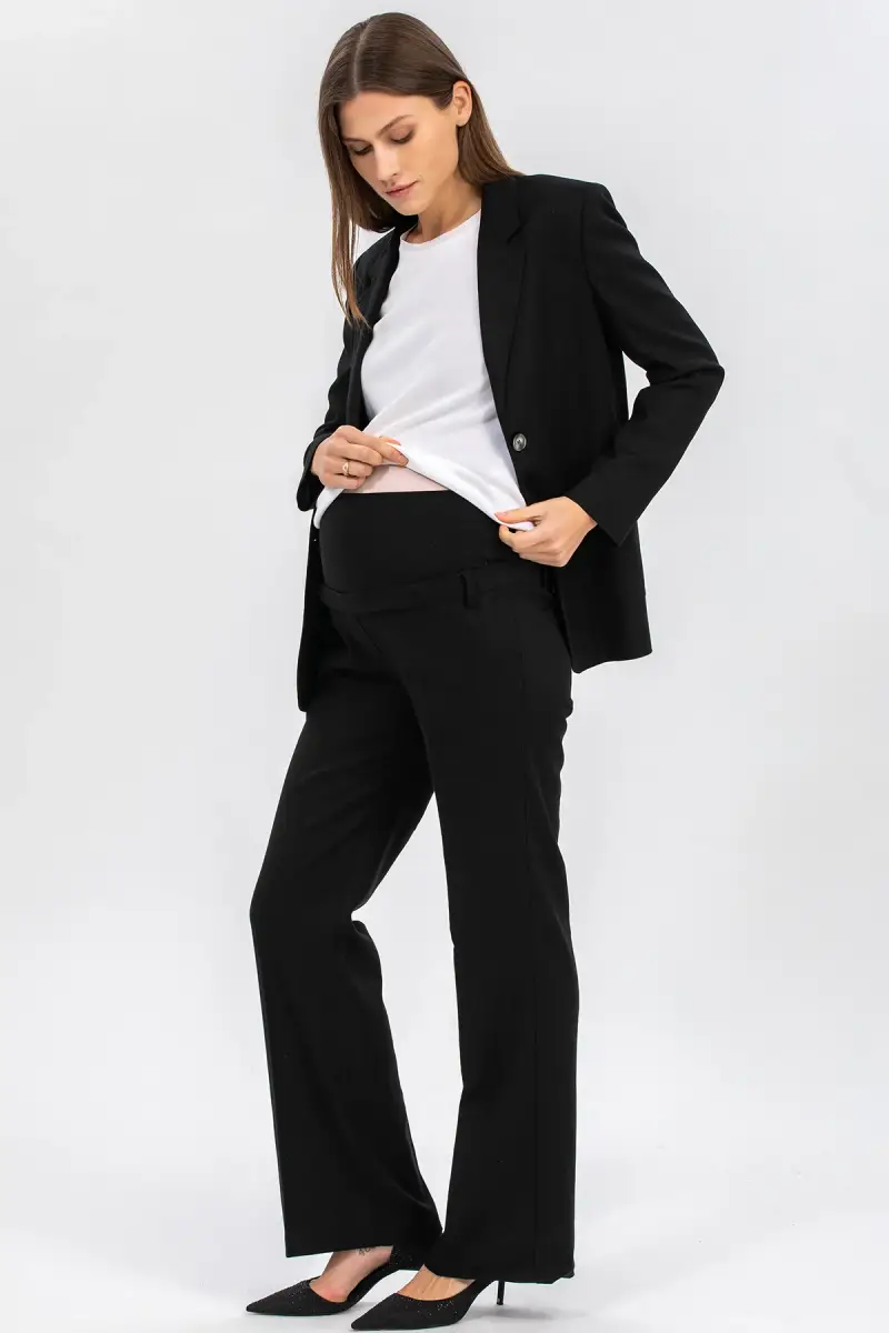 ROBERT | Pantaloni Premaman in Lino Nero a Gamba Leggermente Svasata