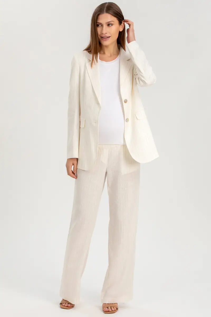 WARREN | Pantaloni Premaman a Gamba Larga in Lino Bianchi a Righe