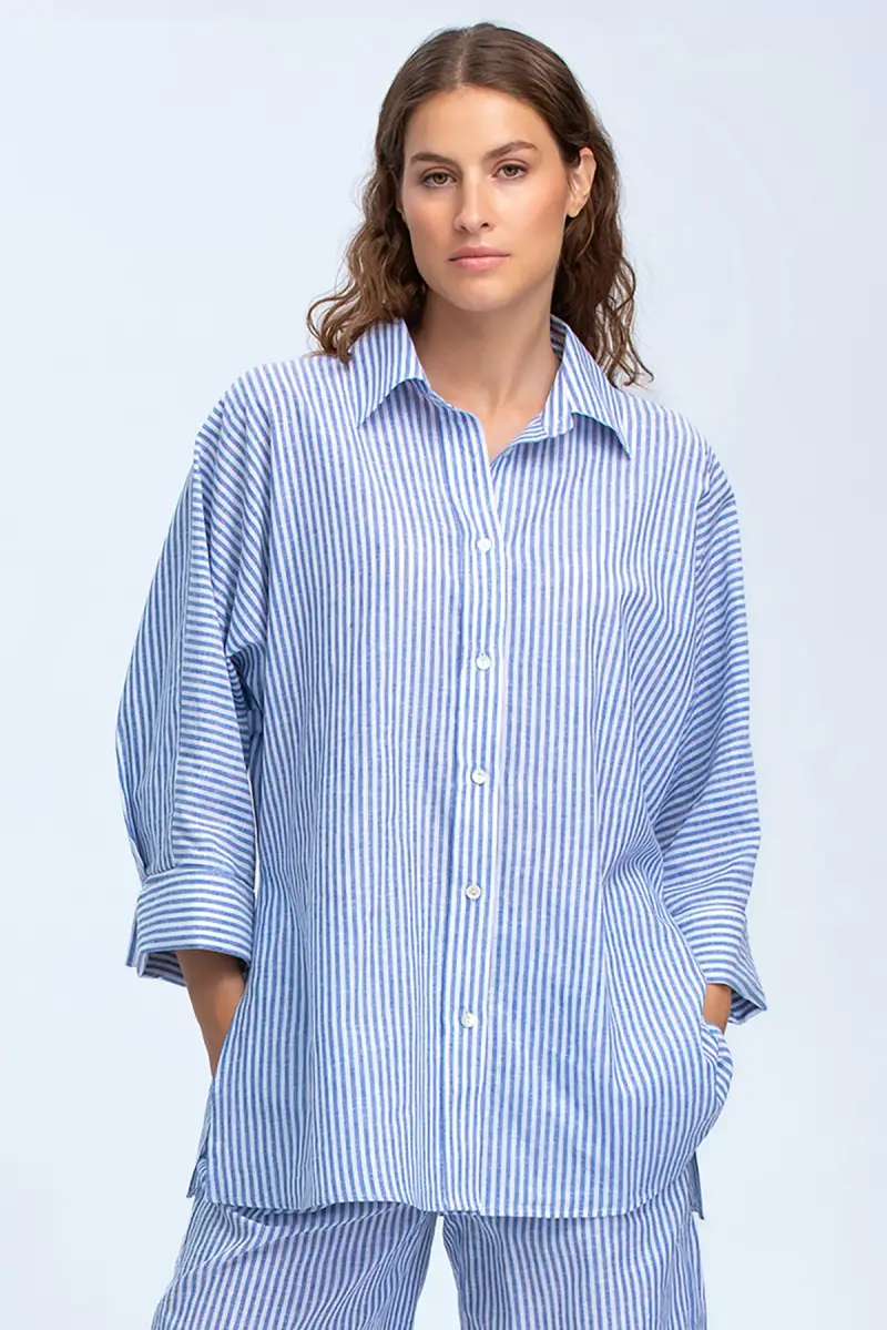 LIPARI | Camicia Oversize in Lino a Righe Blu