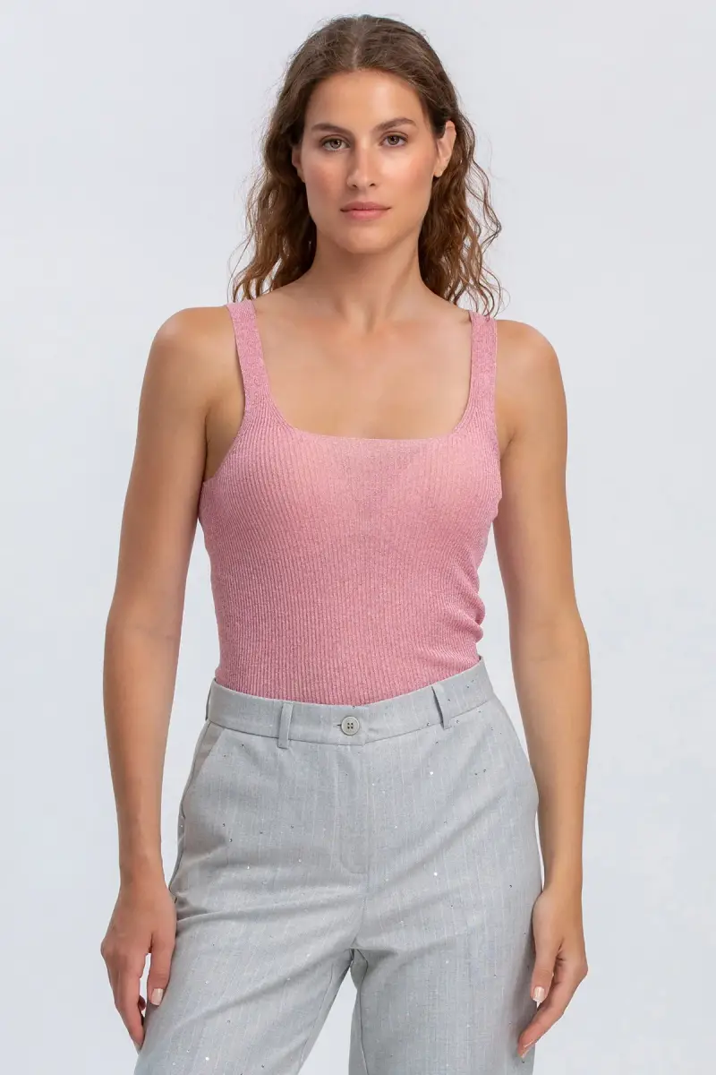 SANTORINI | Top Rosa Glitterato con Scollo Squadrato