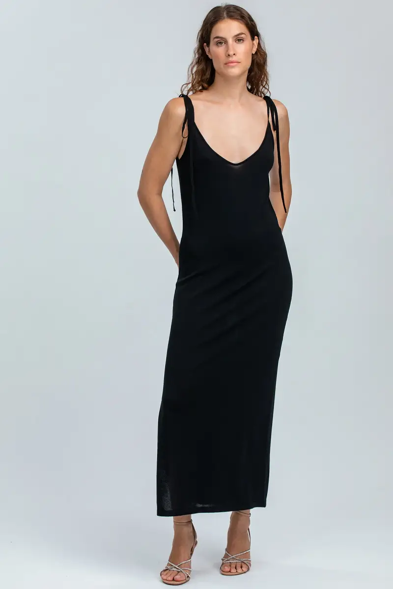 TAORMINA | Abito Aderente Nero con Scollo a V e Spalline da Annodare