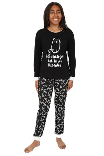 Pigiama lungo in cotone con scritta "Girls I Can Hear You But I'm Not Listening", Nero, 12 miniatura 2