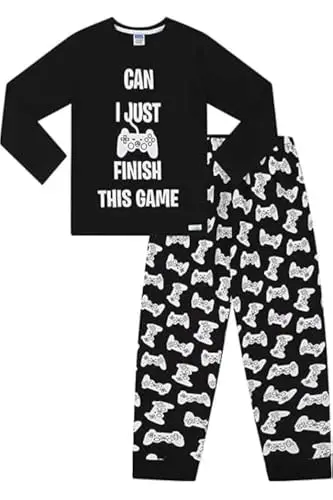 Pigiama lungo in cotone per ragazzi con scritta "Can I Just Finish This Game", Nero , 12