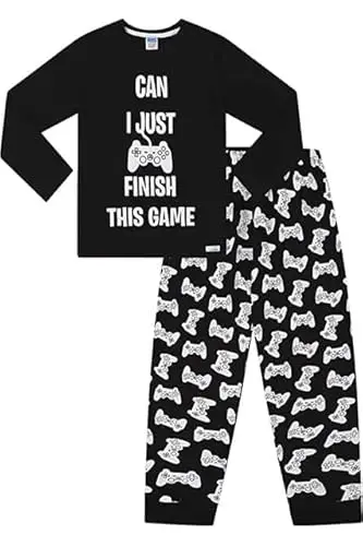Pigiama lungo in cotone per ragazzi con scritta "Can I Just Finish This Game", Nero, 12 miniatura 2