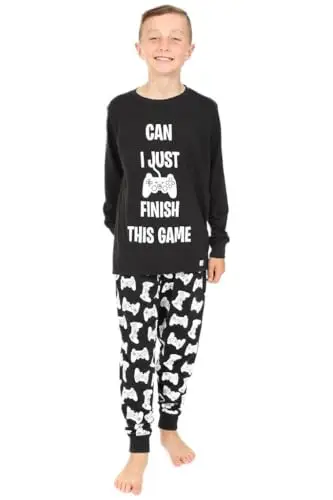 Pigiama lungo in cotone per ragazzi con scritta "Can I Just Finish This Game", Nero, 12 miniatura 3