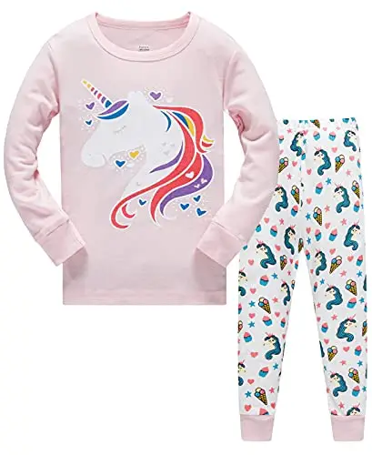 Pigiama Ragazza Unicorno Sirena 100% Cotone Lungo Biancheria da Notte Vestiti Bambina Invernale Due Pezzi Impostato