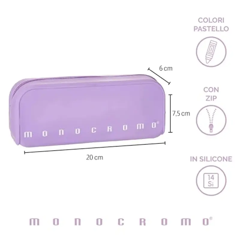 Pigna, Bustina trousse in morbido Silicone, Monocromo Pastel, 20x6x7.5 cm, Colore Viola delicato, Confezionato miniatura 2