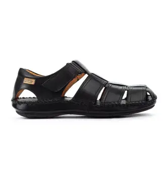 per uomo 06J-5433 Sandali in pelle Tarifa neri (39), Nero, Basso, Velcro, Casual, Classico