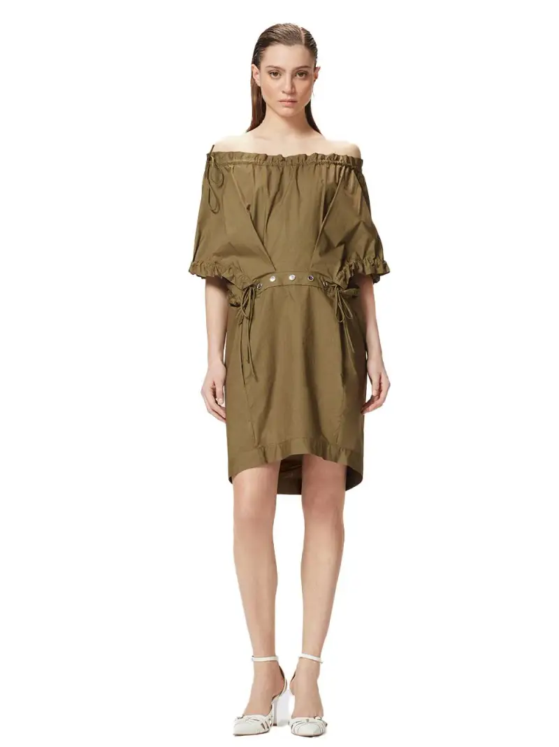 Abito corto in popeline con arricci e occhielli Verde Oliva miniatura 3