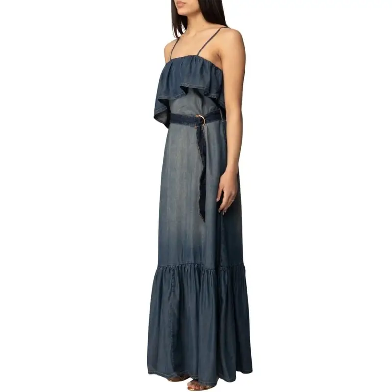 abito lungo da donna chiarodiluna in denim con ruches e arricciature blu scuro miniatura 2