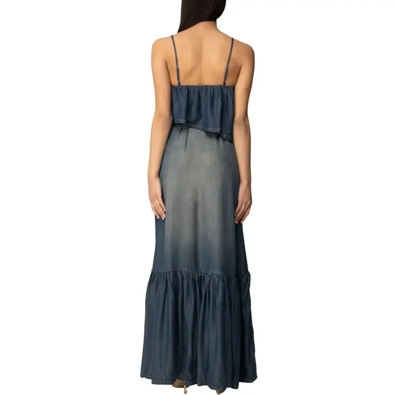 abito lungo da donna chiarodiluna in denim con ruches e arricciature blu scuro miniatura 3