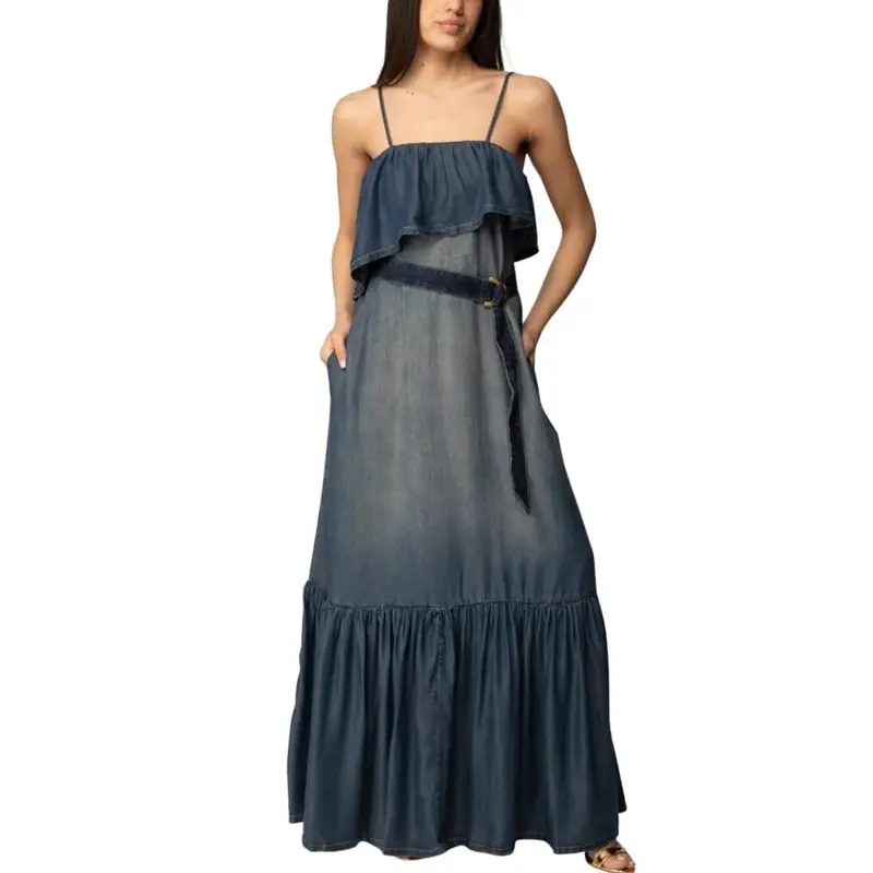 abito lungo da donna chiarodiluna in denim con ruches e arricciature blu scuro