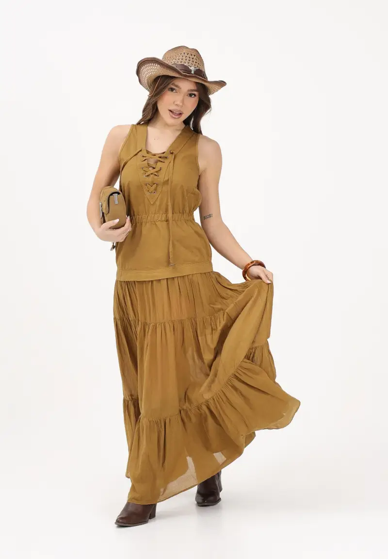 Abito lungo kiwi da donna con balza e nastri miniatura 2