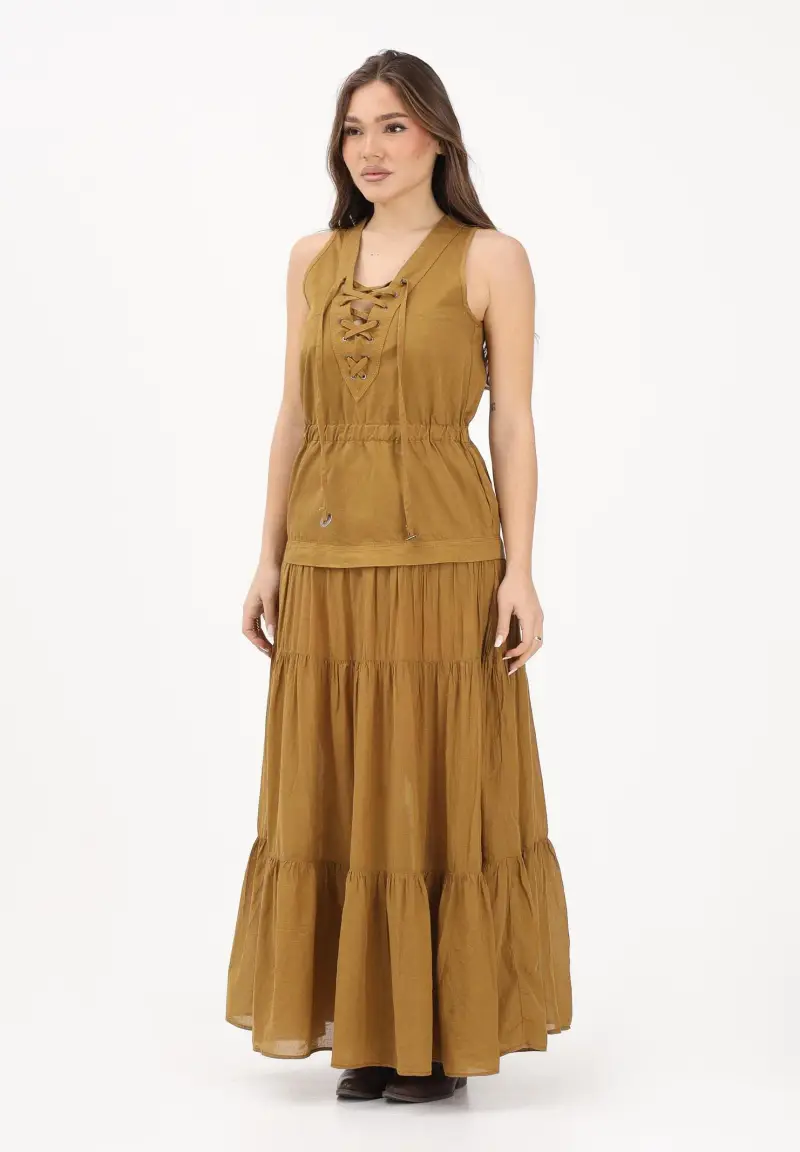 Abito lungo kiwi da donna con balza e nastri