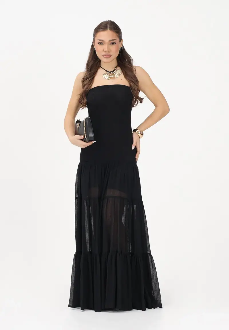 Abito lungo strapless nero da donna con gonna in voile miniatura 2
