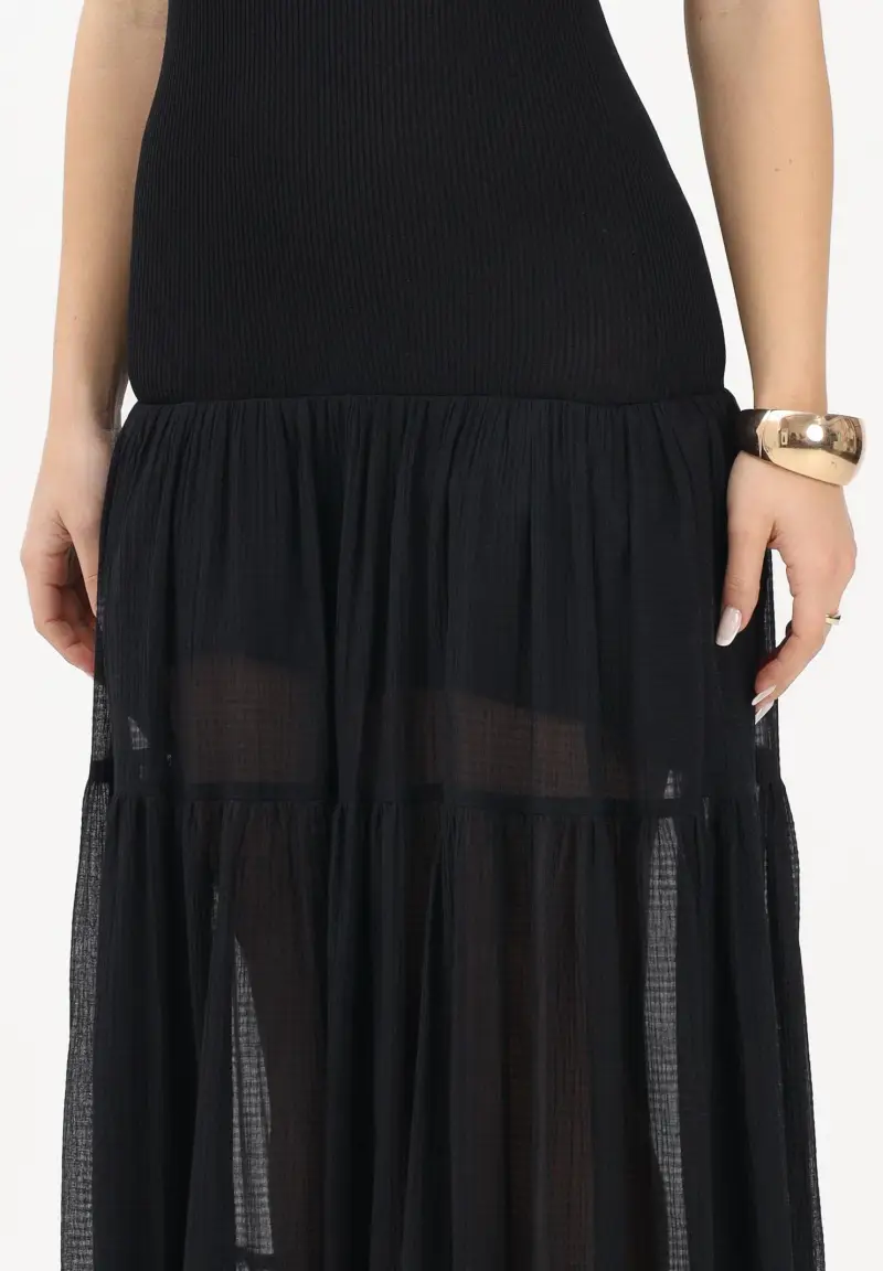 Abito lungo strapless nero da donna con gonna in voile miniatura 3