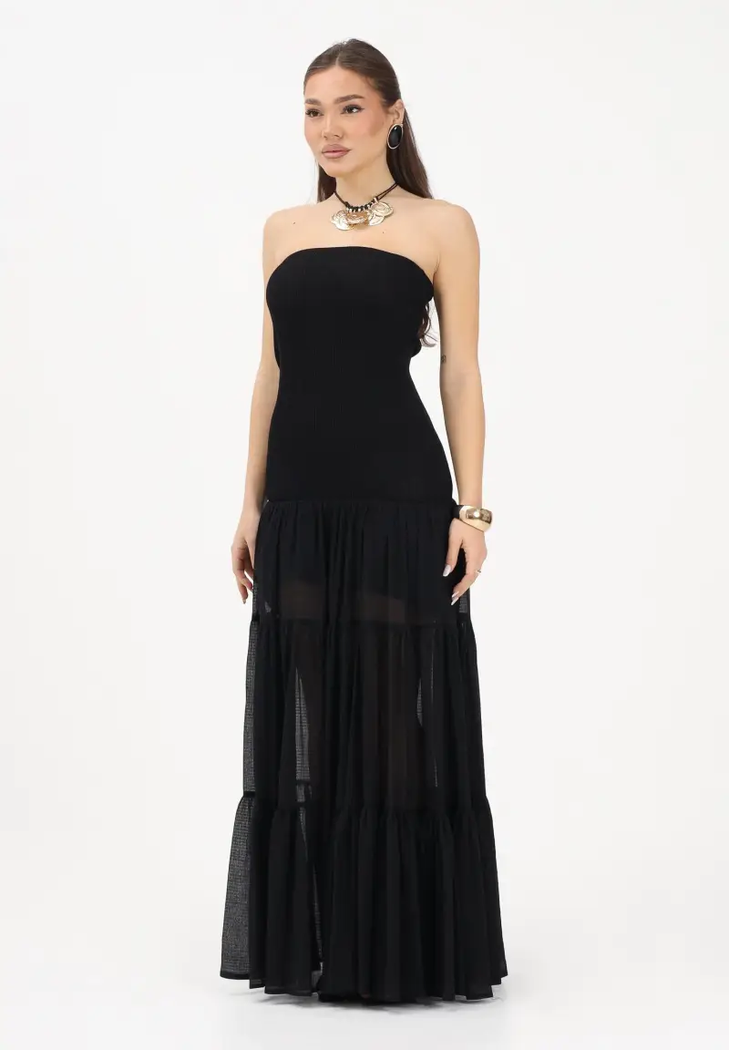 Abito lungo strapless nero da donna con gonna in voile