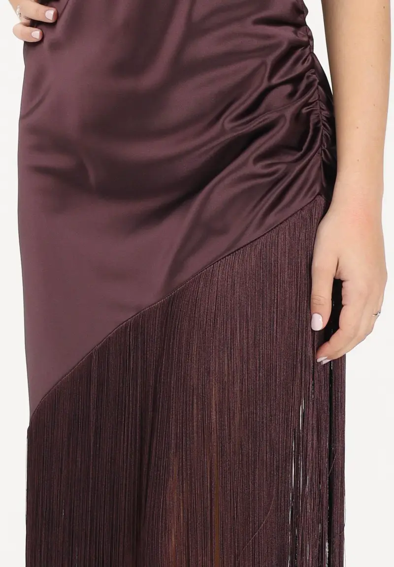 Abito midi bordeaux da donna in satin con frange miniatura 3