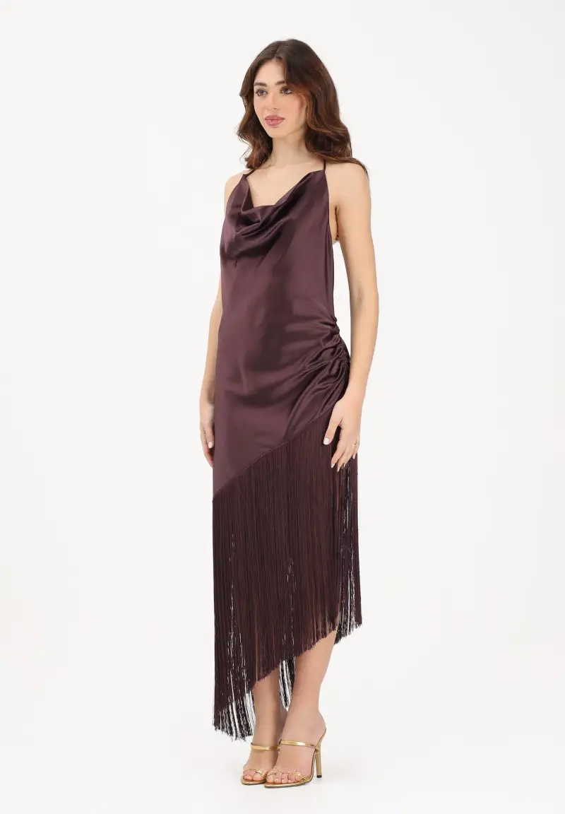 Abito midi bordeaux da donna in satin con frange
