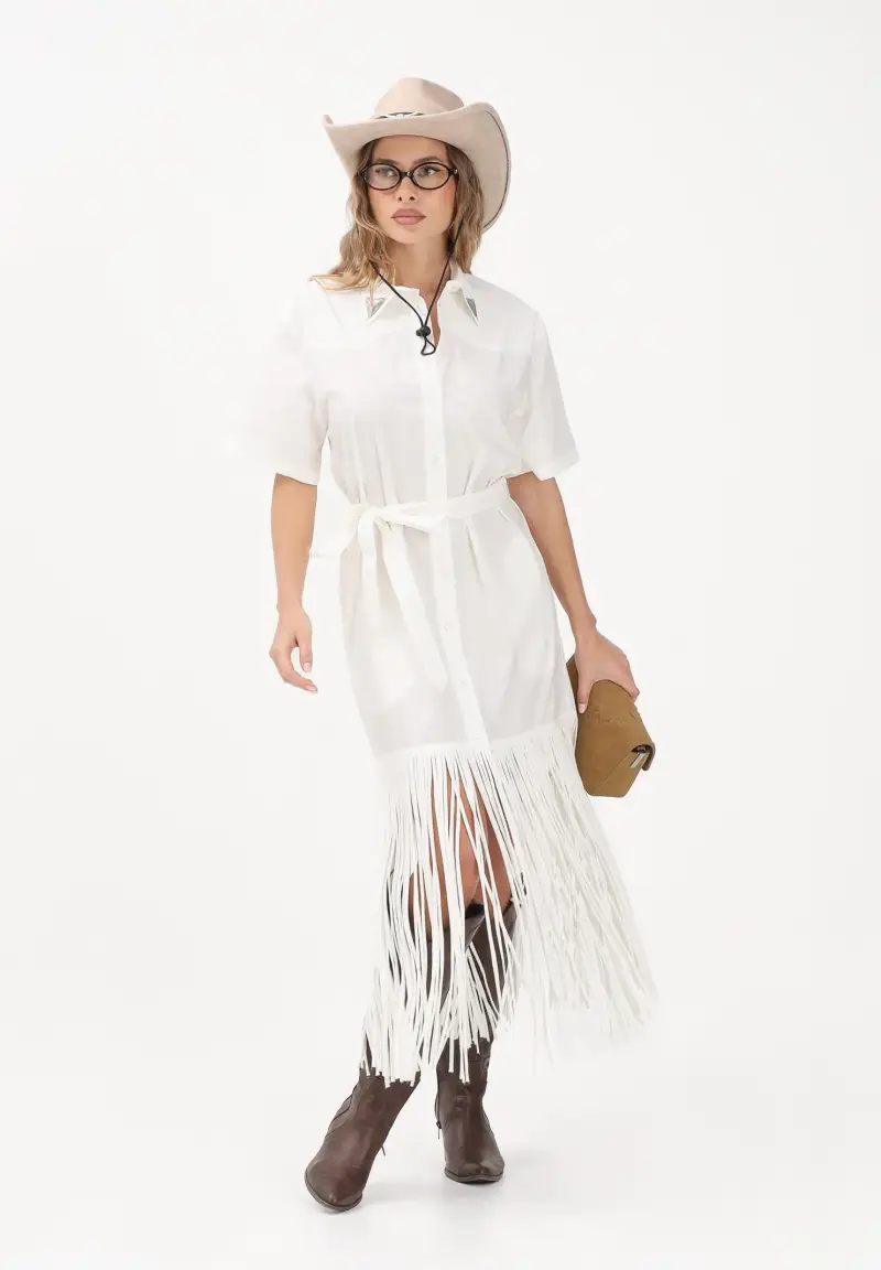 Abito midi chemisier bianco da donna con frange miniatura 2