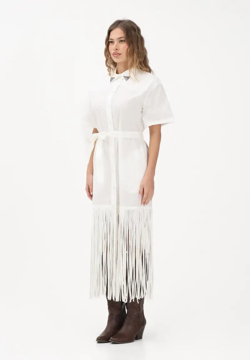 Abito midi chemisier bianco da donna con frange
