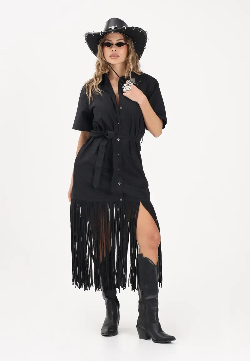 Abito midi chemisier nero da donna con frange miniatura 2