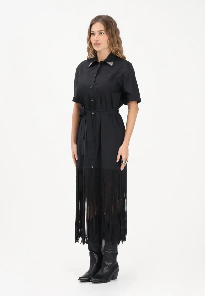 Abito midi chemisier nero da donna con frange