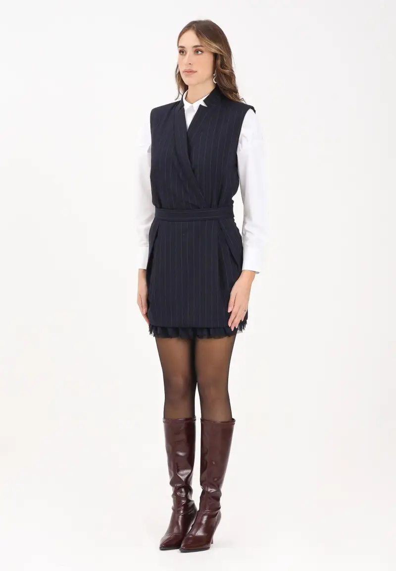 Abito smanicato blu da donna con motivo gessato