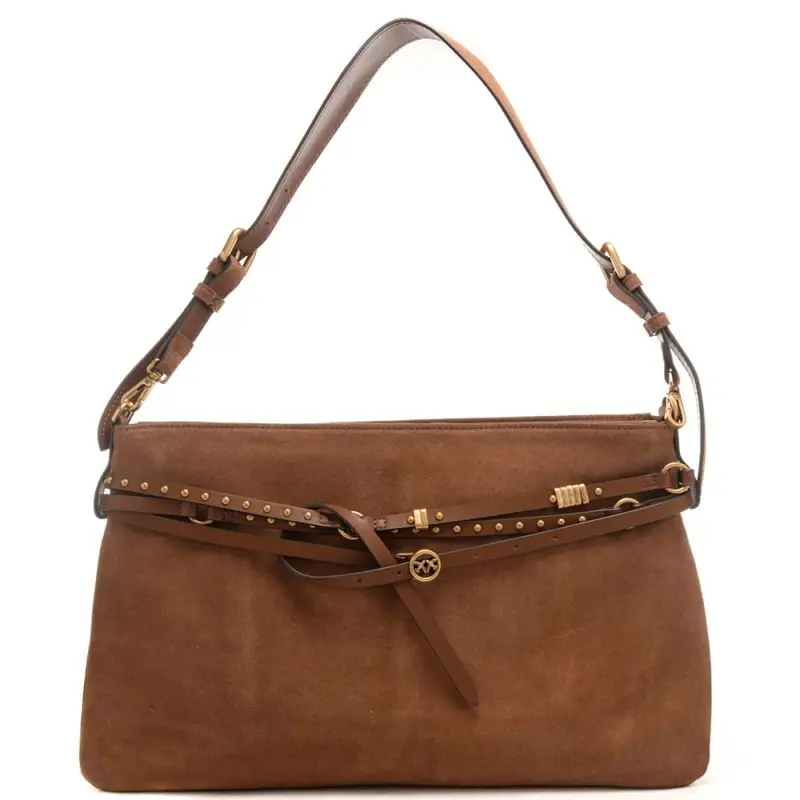 borsa a spalla da donna in vera pelle effetto suede con cinturini in pelle decorativi e borchie marrone