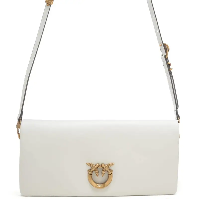 borsa a tracolla da donna in vera pelle con logo love birds applicato sul davanti bianco oro
