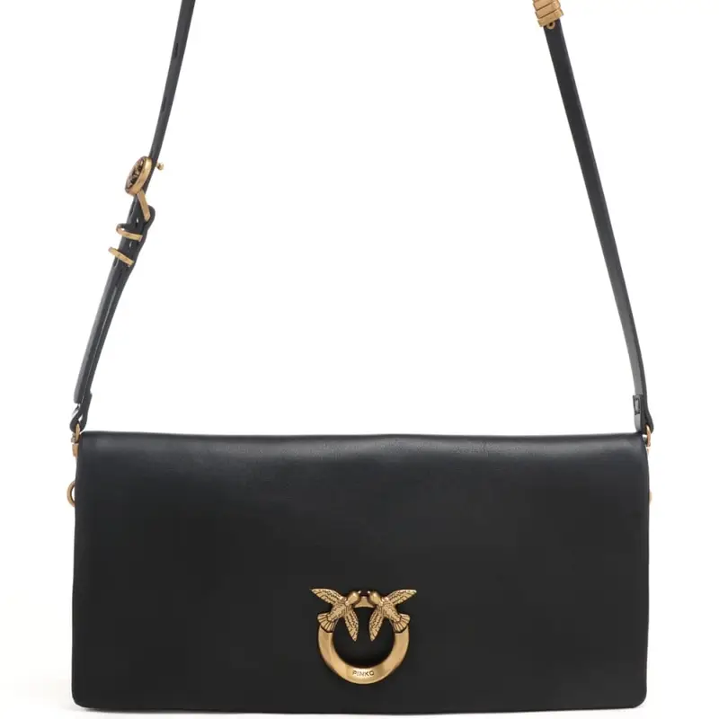 borsa a tracolla da donna in vera pelle con logo love birds applicato sul davanti nero oro