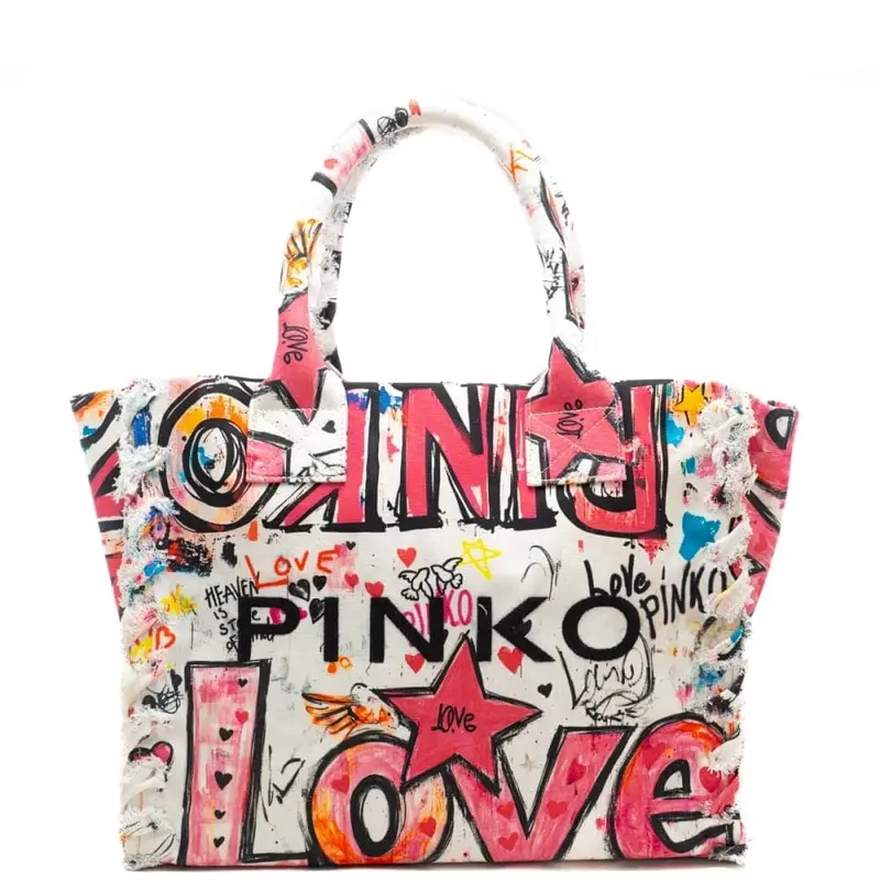 borsa da donna beach shopper in canvas con maxi logo lettering cucito sul davanti bianca