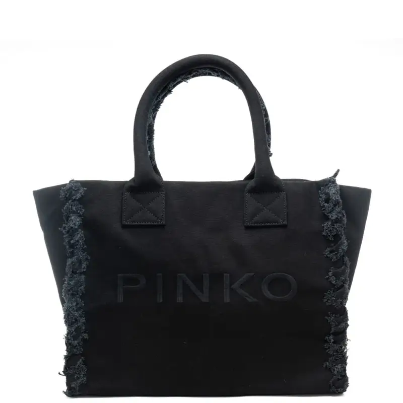 borsa da donna beach shopper in canvas con maxi logo lettering cucito sul davanti nera