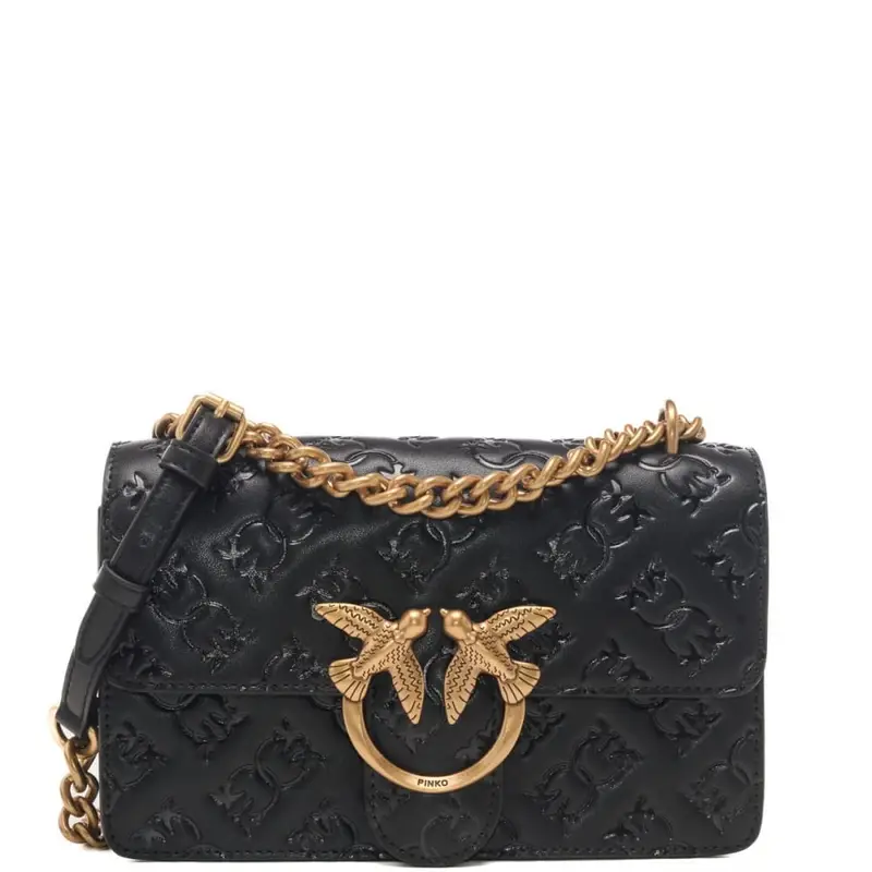 Pinko borsa da donna love one mini imprime in vera pelle nera con tracolla regolabile