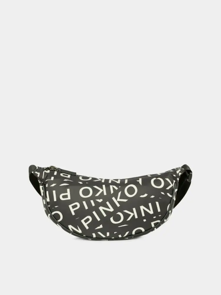 borsa nera con zip superiore e tracolla regolabile decorata con logo bianco all-over