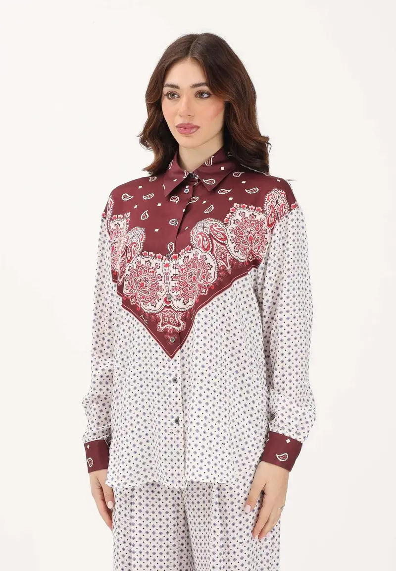 Camicia a manica lunga bianca e bordeaux da donna con motivo cravatteria e stampa piazzata