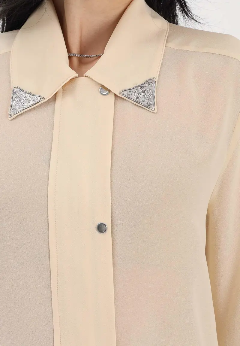 Camicia a manica lunga gialla da donna con dettagli metallici miniatura 3