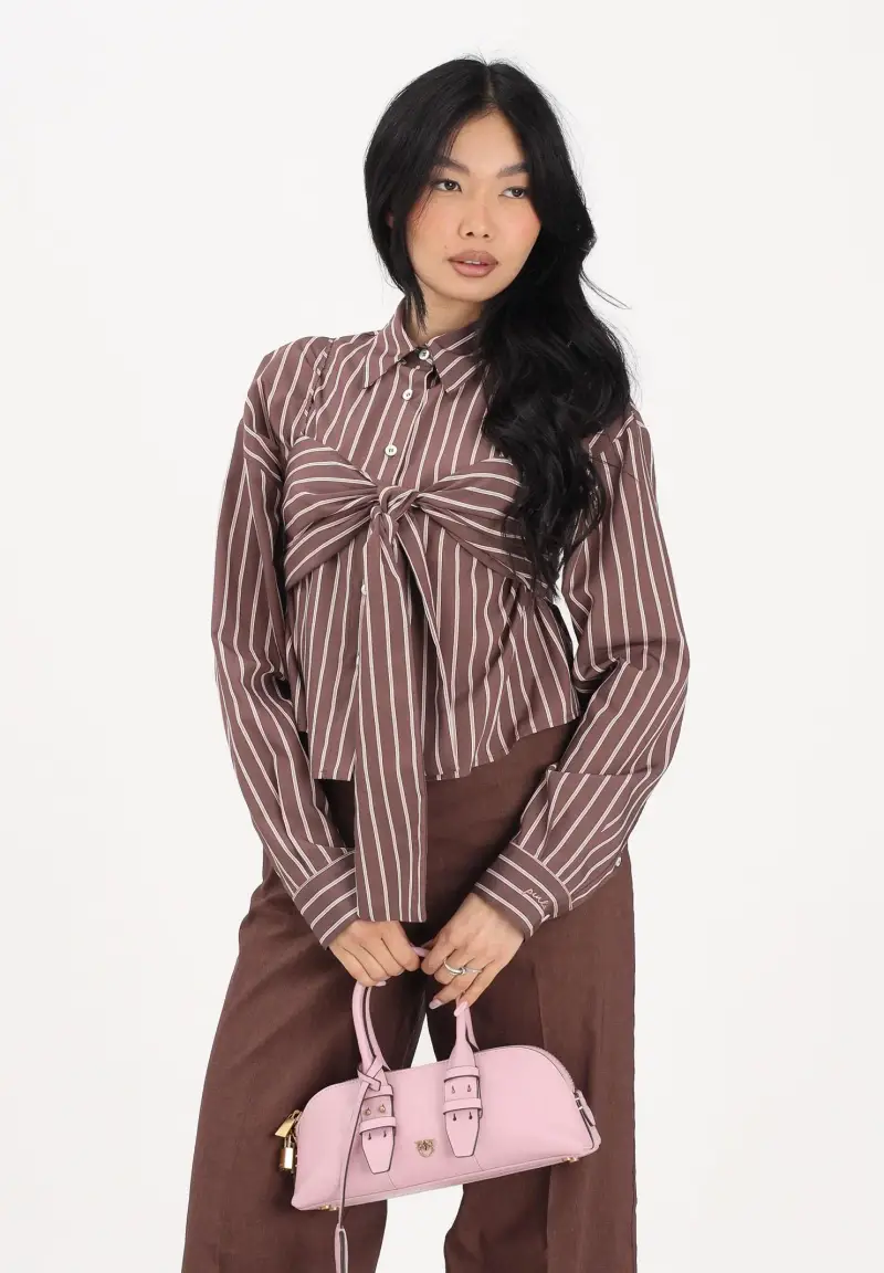 Camicia a manica lunga marrone da donna con motivo a righe miniatura 2