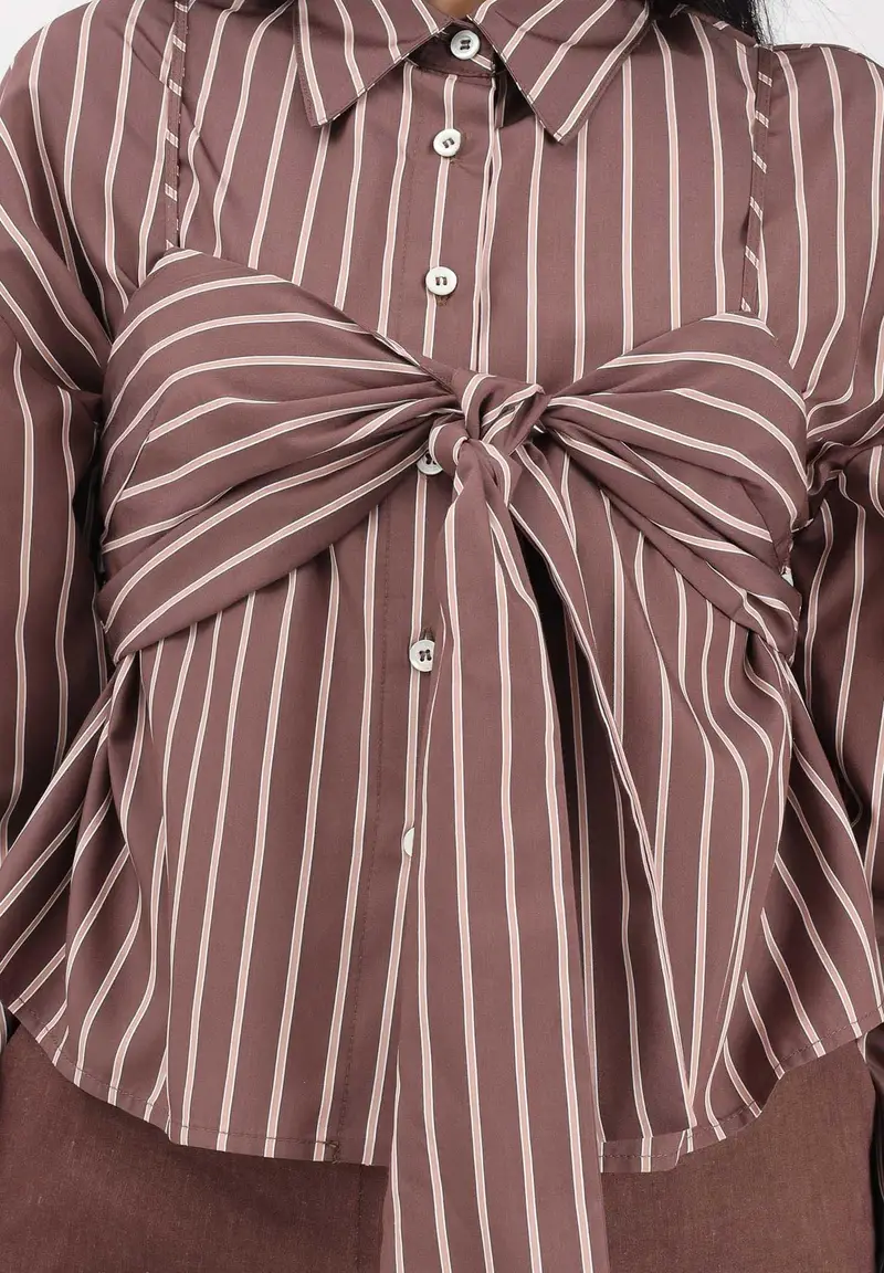Camicia a manica lunga marrone da donna con motivo a righe miniatura 3
