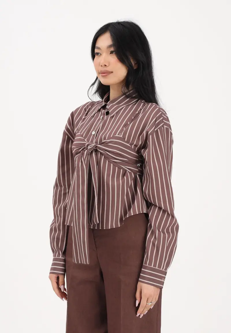 Camicia a manica lunga marrone da donna con motivo a righe