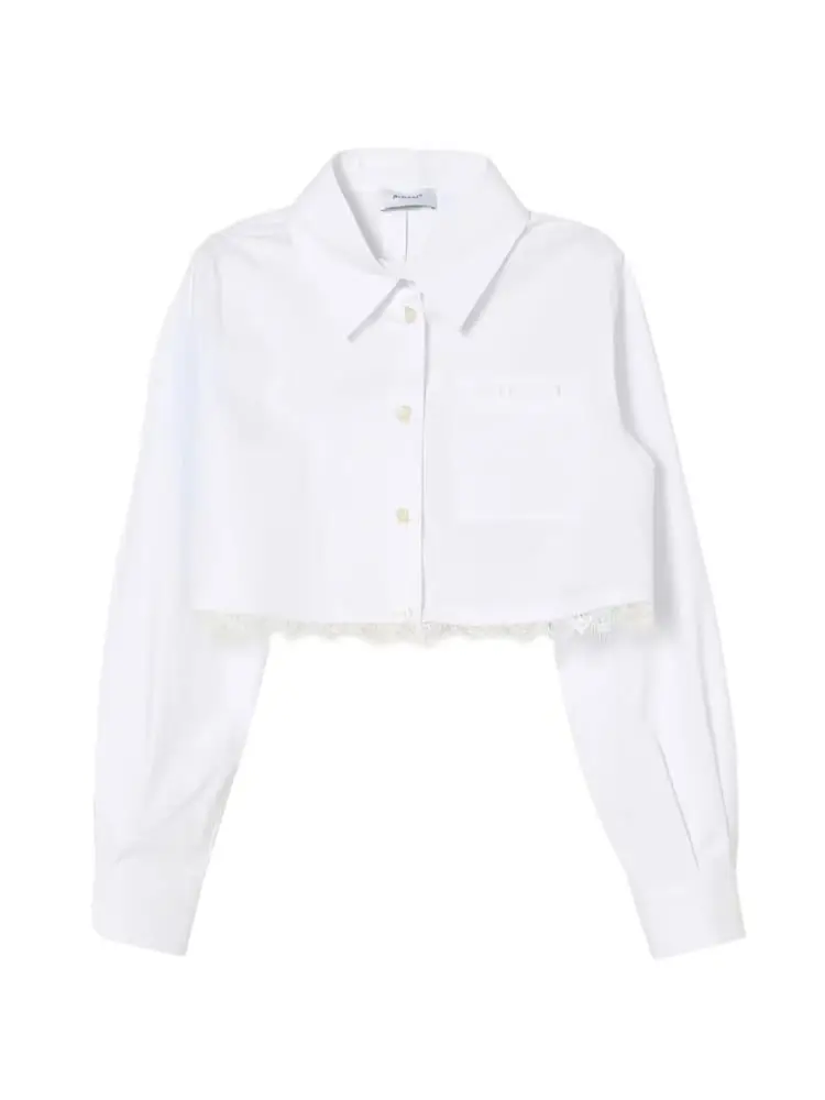 camicia kids/junior cropped con pizzo e ricamo bianco