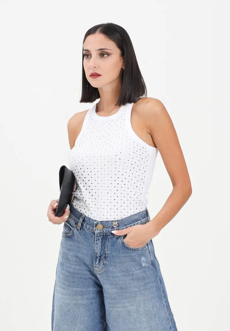 Canotta bianca da donna con strass e borchie miniatura 2