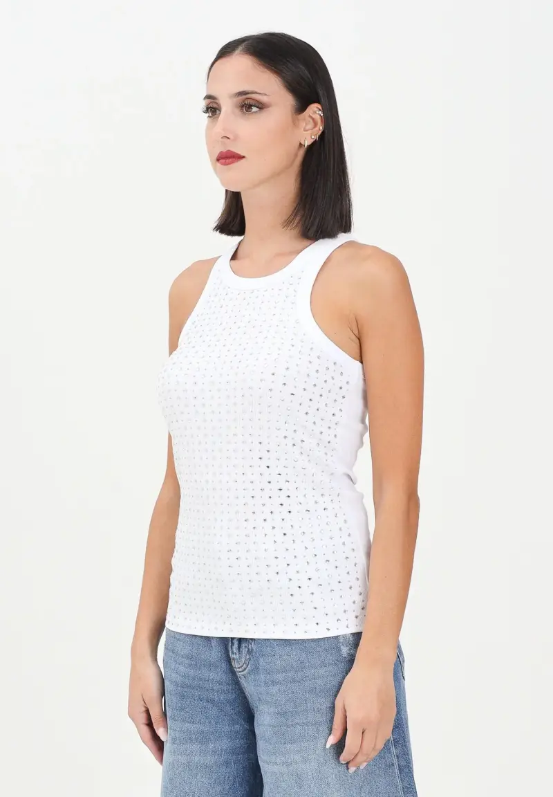 Canotta bianca da donna con strass e borchie