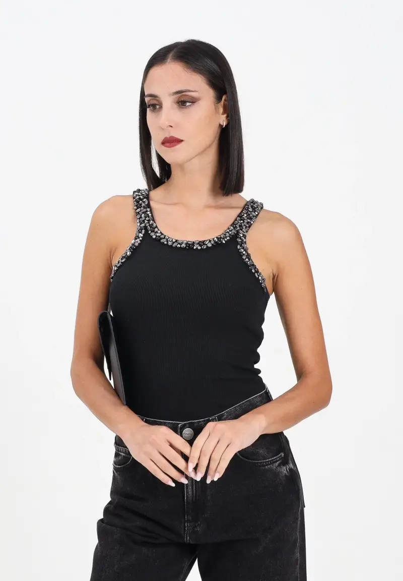 Canotta nera da donna con ricami gioiello miniatura 2