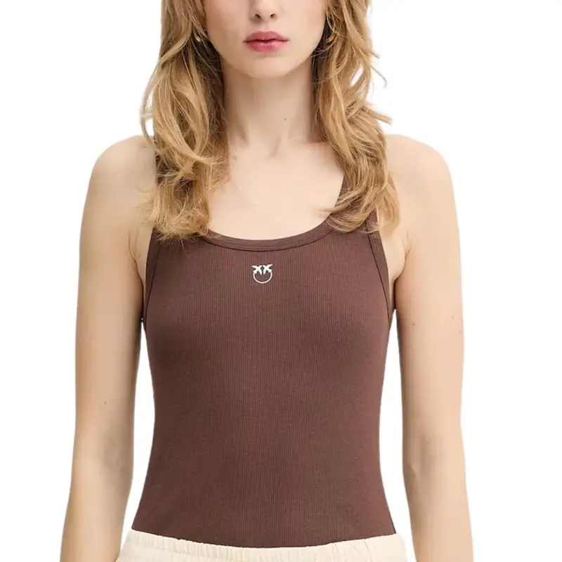 canottiera da donna con mini logo a contrasto sul davanti marrone