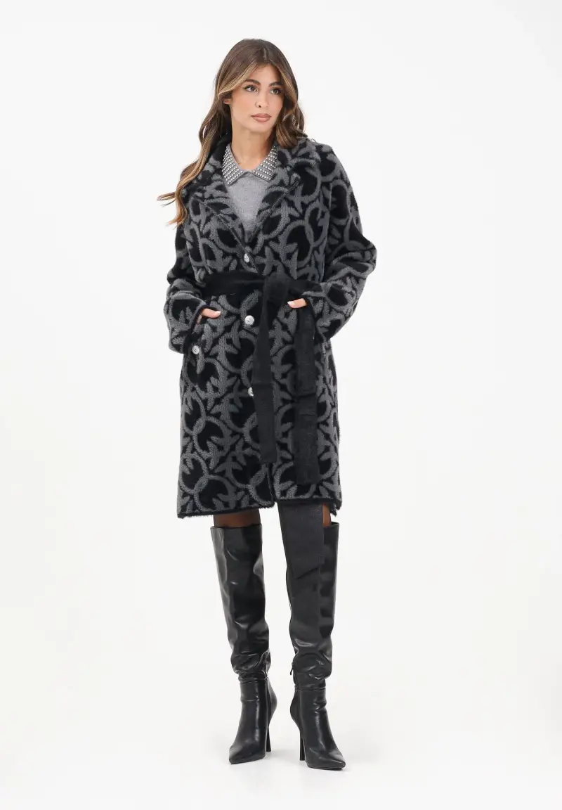 Cappotto grigio e nero da donna con fantasia logo jacquard miniatura 2
