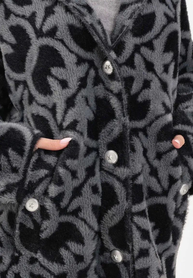 Cappotto grigio e nero da donna con fantasia logo jacquard miniatura 3